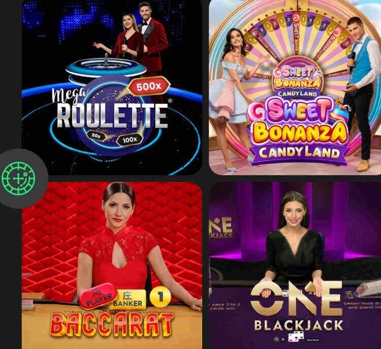 Pantalla del casino online Bplay con 4 juegos: ruleta, sweet bonanza, baccarat y blackjack