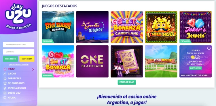 PlayUZO Argentina pantalla del sítio con algunos de los juegos destacados.